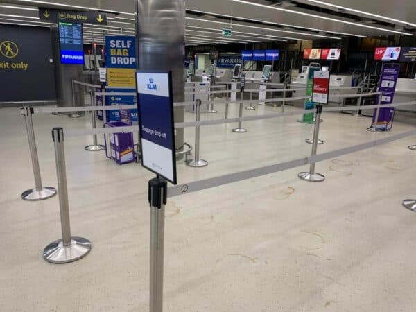 Queue barriers in use at leeds airport.